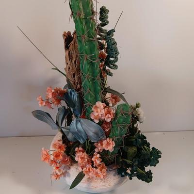 Howling wolf in pottery planter with Faux greenery / Cactus and a dream catcher
