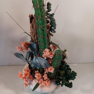 Howling wolf in pottery planter with Faux greenery / Cactus and a dream catcher