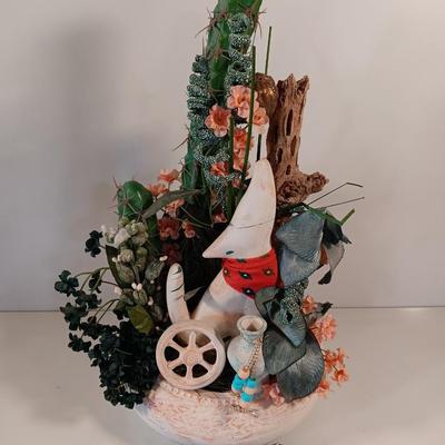 Howling wolf in pottery planter with Faux greenery / Cactus and a dream catcher