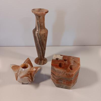 Vintage Onyx vase with single pillar candle holder and desktop pen holder