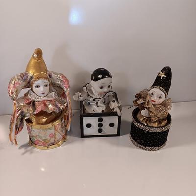 Three vintage Jester clown music boxes