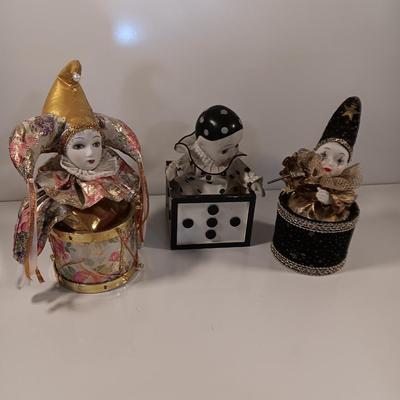 Three vintage Jester clown music boxes