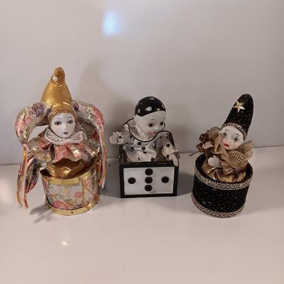 Three vintage Jester clown music boxes