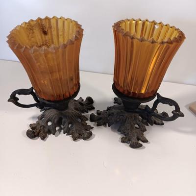 Cast Iron candle sconces with three vintage Cast Iron Triple Heart Kitchen utensils.