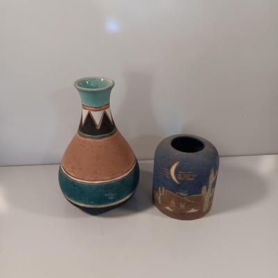 Pottery vase with celestial moon and wolf Southwestern candle shade