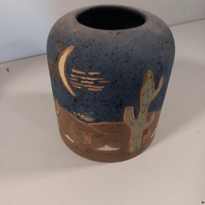 Pottery vase with celestial moon and wolf Southwestern candle shade