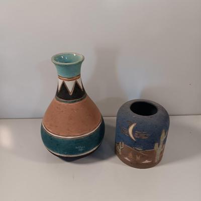 Pottery vase with celestial moon and wolf Southwestern candle shade