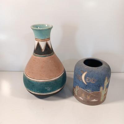 Pottery vase with celestial moon and wolf Southwestern candle shade