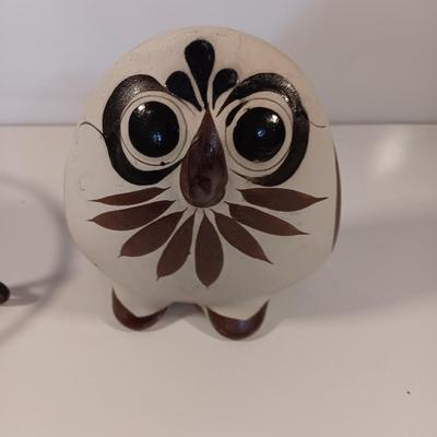 Pottery planter on stand with a vintage folk art hand painted Mexico Owl