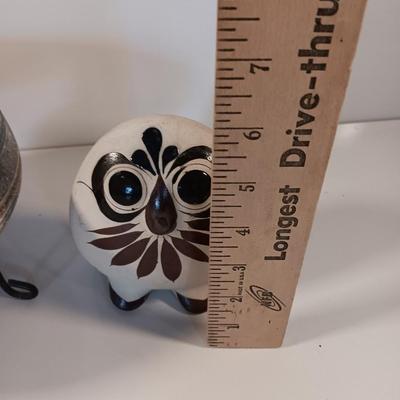 Pottery planter on stand with a vintage folk art hand painted Mexico Owl