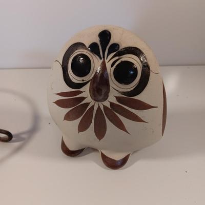 Pottery planter on stand with a vintage folk art hand painted Mexico Owl