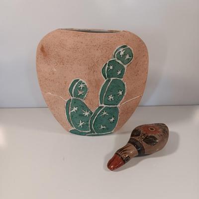 Southwest pottery vase with cactus and a Folk art Tonala hand painted Duck