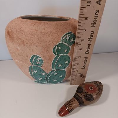 Southwest pottery vase with cactus and a Folk art Tonala hand painted Duck