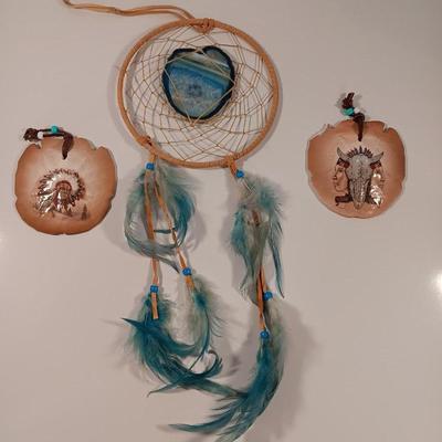 Two hand painted Native American Sand dollars with a dreamcatcher with blue Agate in center