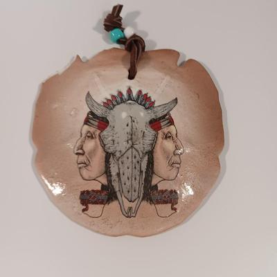 Two hand painted Native American Sand dollars with a dreamcatcher with blue Agate in center