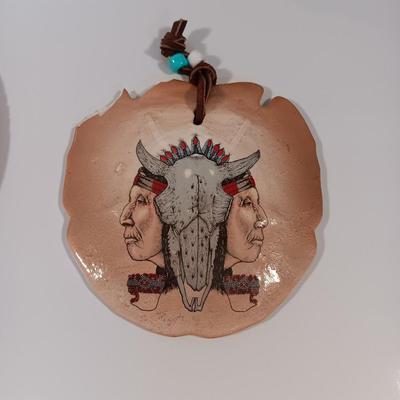 Two hand painted Native American Sand dollars with a dreamcatcher with blue Agate in center