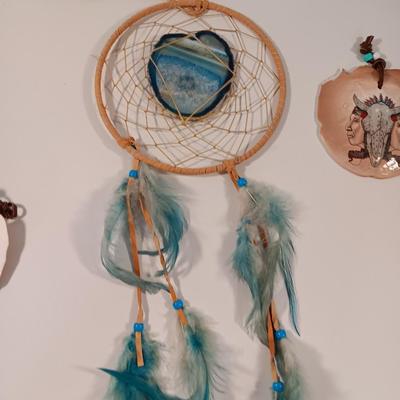 Two hand painted Native American Sand dollars with a dreamcatcher with blue Agate in center