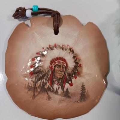 Two hand painted Native American Sand dollars with a dreamcatcher with blue Agate in center