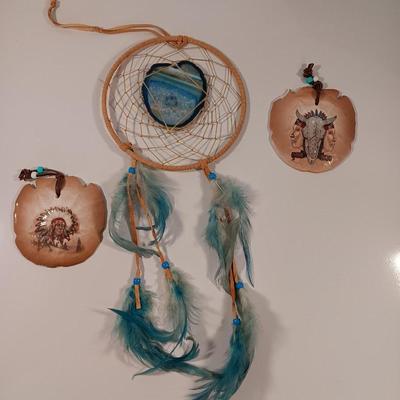 Two hand painted Native American Sand dollars with a dreamcatcher with blue Agate in center