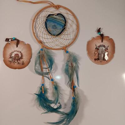 Two hand painted Native American Sand dollars with a dreamcatcher with blue Agate in center
