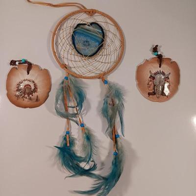 Two hand painted Native American Sand dollars with a dreamcatcher with blue Agate in center