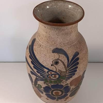 Large Style Tonala Pottery Vase, Bird Pattern, Raised Design, Signed by Artist, Textured Mexican Folk Art Pottery