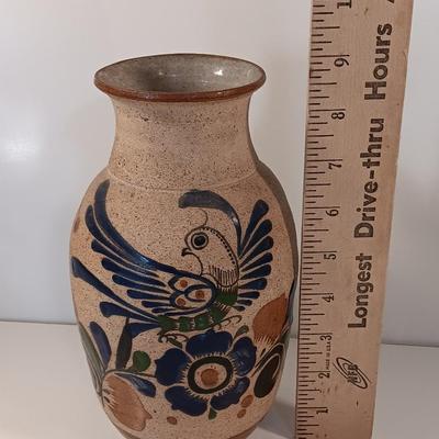 Large Style Tonala Pottery Vase, Bird Pattern, Raised Design, Signed by Artist, Textured Mexican Folk Art Pottery