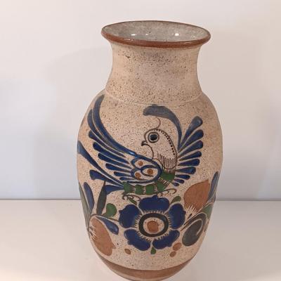 Large Style Tonala Pottery Vase, Bird Pattern, Raised Design, Signed by Artist, Textured Mexican Folk Art Pottery