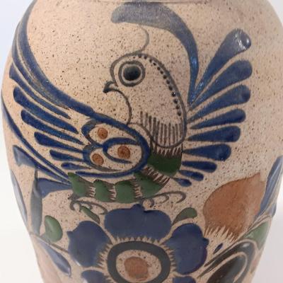 Large Style Tonala Pottery Vase, Bird Pattern, Raised Design, Signed by Artist, Textured Mexican Folk Art Pottery