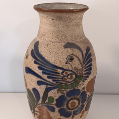 Large Style Tonala Pottery Vase, Bird Pattern, Raised Design, Signed by Artist, Textured Mexican Folk Art Pottery