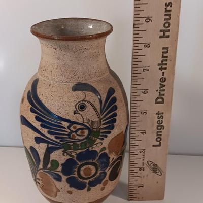 Large Style Tonala Pottery Vase, Bird Pattern, Raised Design, Signed by Artist, Textured Mexican Folk Art Pottery