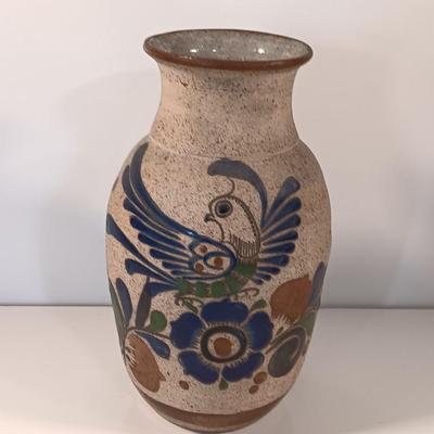 Large Style Tonala Pottery Vase, Bird Pattern, Raised Design, Signed by Artist, Textured Mexican Folk Art Pottery