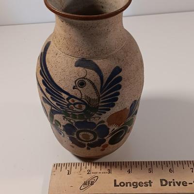 Large Style Tonala Pottery Vase, Bird Pattern, Raised Design, Signed by Artist, Textured Mexican Folk Art Pottery