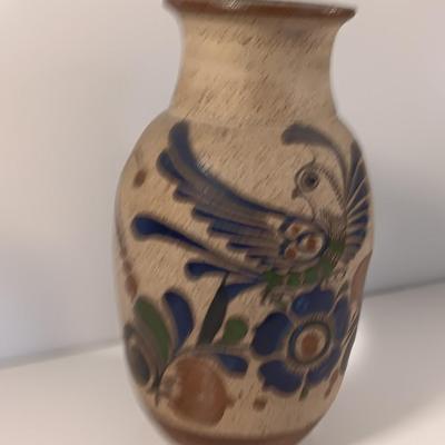 Large Style Tonala Pottery Vase, Bird Pattern, Raised Design, Signed by Artist, Textured Mexican Folk Art Pottery