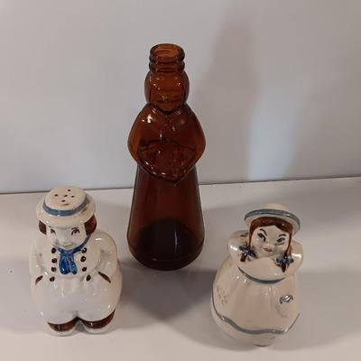 Vintage Shawnee Jack and Jill Large Salt and Pepper Shakers and Mrs. Butterworth's Syrup brown bottle