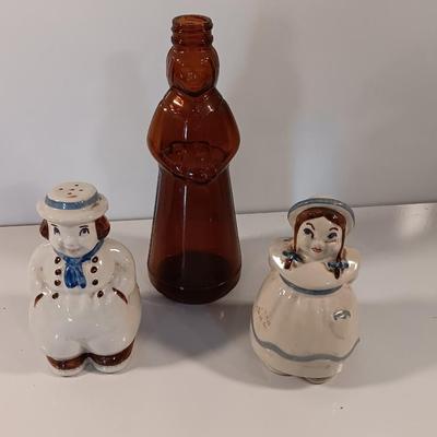 Vintage Shawnee Jack and Jill Large Salt and Pepper Shakers and Mrs. Butterworth's Syrup brown bottle