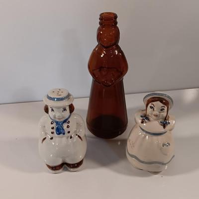 Vintage Shawnee Jack and Jill Large Salt and Pepper Shakers and Mrs. Butterworth's Syrup brown bottle