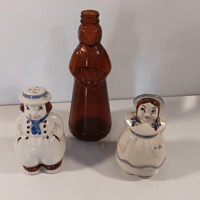 Vintage Shawnee Jack and Jill Large Salt and Pepper Shakers and Mrs. Butterworth's Syrup brown bottle