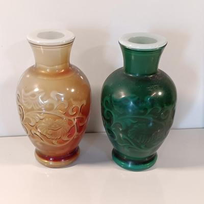 Pair of Avon Mid Century Art Deco Glass Vases Brown & Green Floral Design