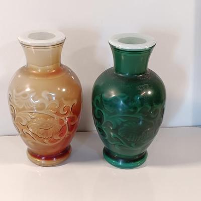 Pair of Avon Mid Century Art Deco Glass Vases Brown & Green Floral Design