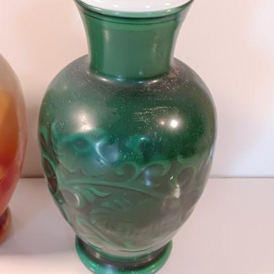 Pair of Avon Mid Century Art Deco Glass Vases Brown & Green Floral Design