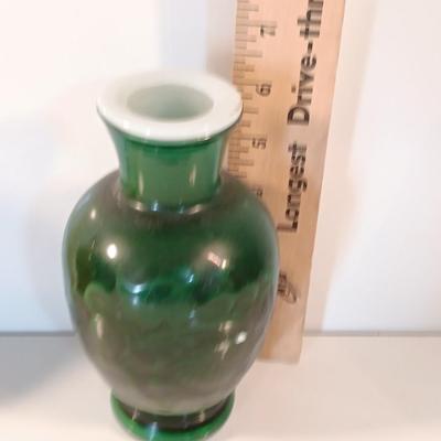 Pair of Avon Mid Century Art Deco Glass Vases Brown & Green Floral Design