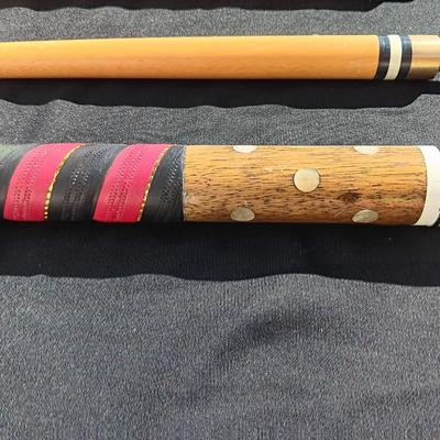 Vintage red and black pool cue with pearl white dots - turns into 2 different sizes