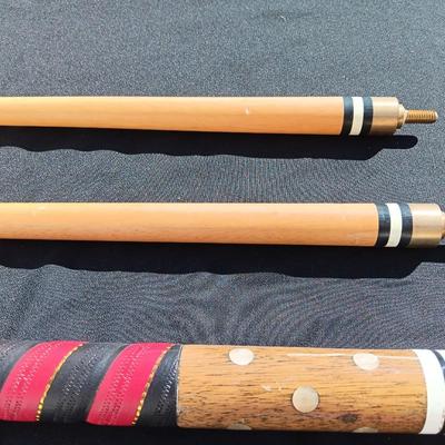 Vintage red and black pool cue with pearl white dots - turns into 2 different sizes