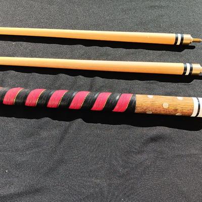 Vintage red and black pool cue with pearl white dots - turns into 2 different sizes