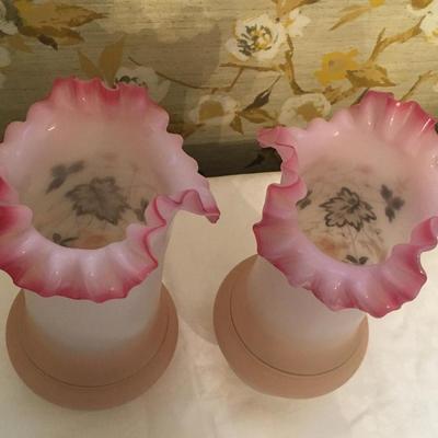 Pair Victorian Bristol Glass Vases Hand Blown Painted Floral Ruffled Pink Top 2