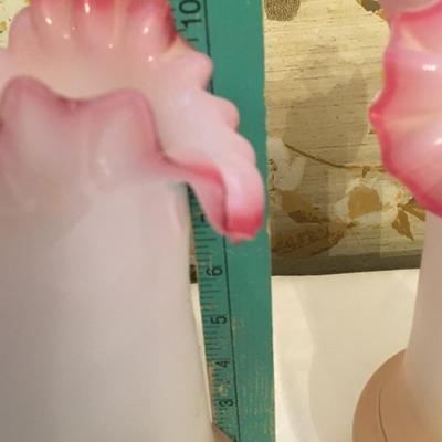 Pair Victorian Bristol Glass Vases Hand Blown Painted Floral Ruffled Pink Top 2