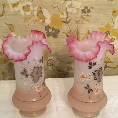 Pair Victorian Bristol Glass Vases Hand Blown Painted Floral Ruffled Pink Top 2