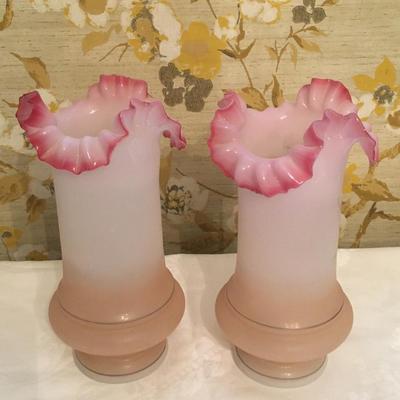 Pair Victorian Bristol Glass Vases Hand Blown Painted Floral Ruffled Pink Top 2