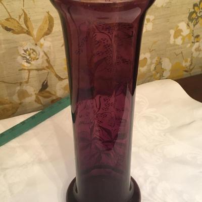 Vintage 7â€ Hand-painted Enameled Bohemian Purple Violet Plum Amethyst Art Glass Vase/Bud Vase.